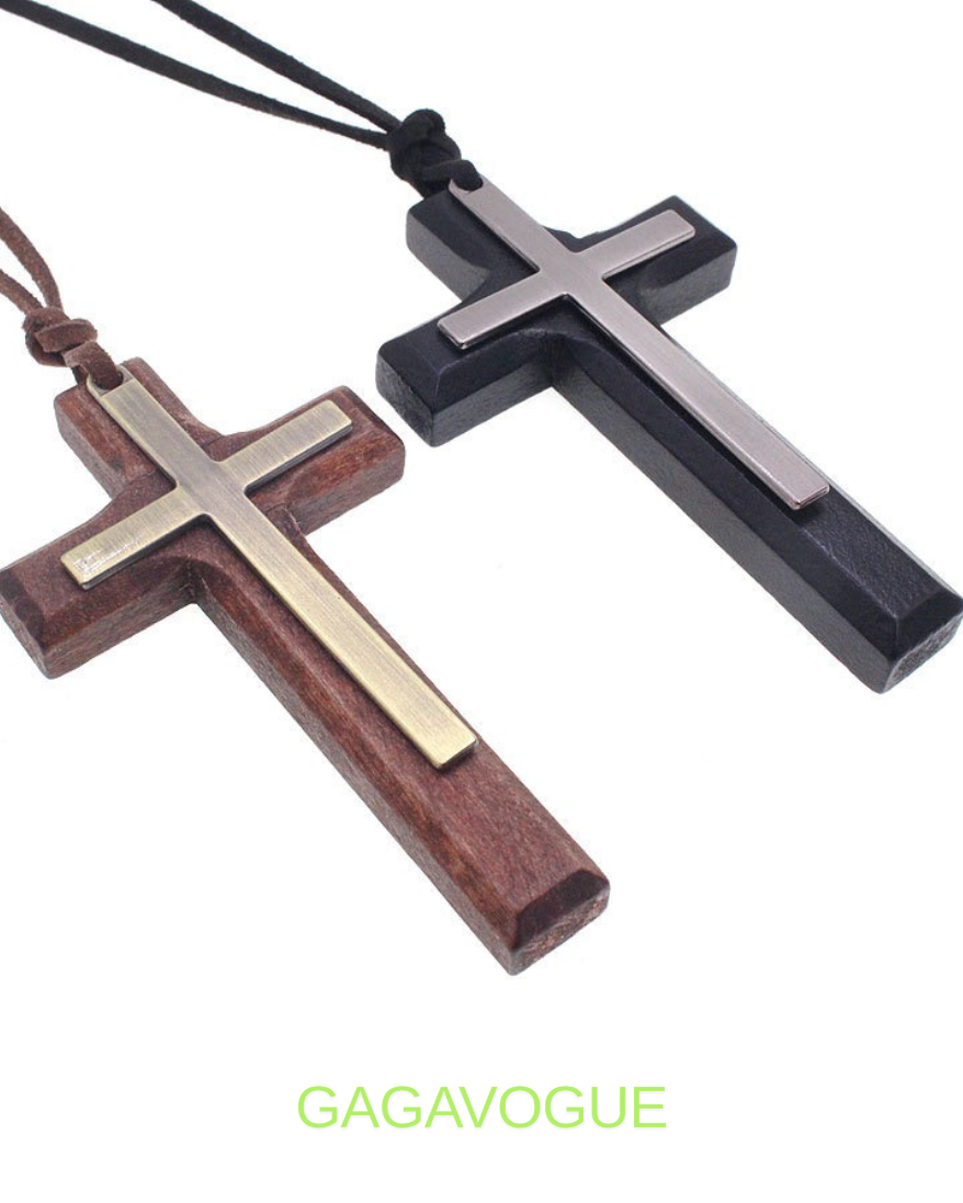 GAGAVOGUE DOUBLE-LAYER CROSS WOOD PENDANT NECKLACE