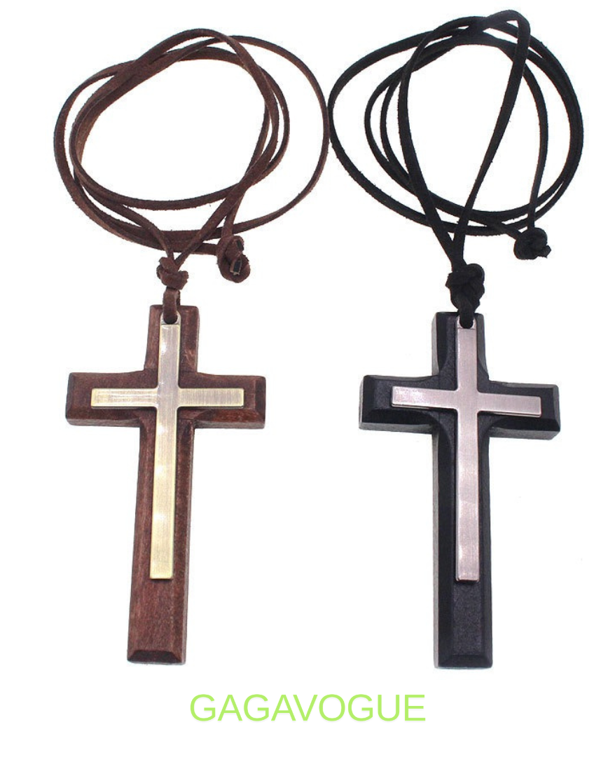 GAGAVOGUE DOUBLE-LAYER CROSS WOOD PENDANT NECKLACE