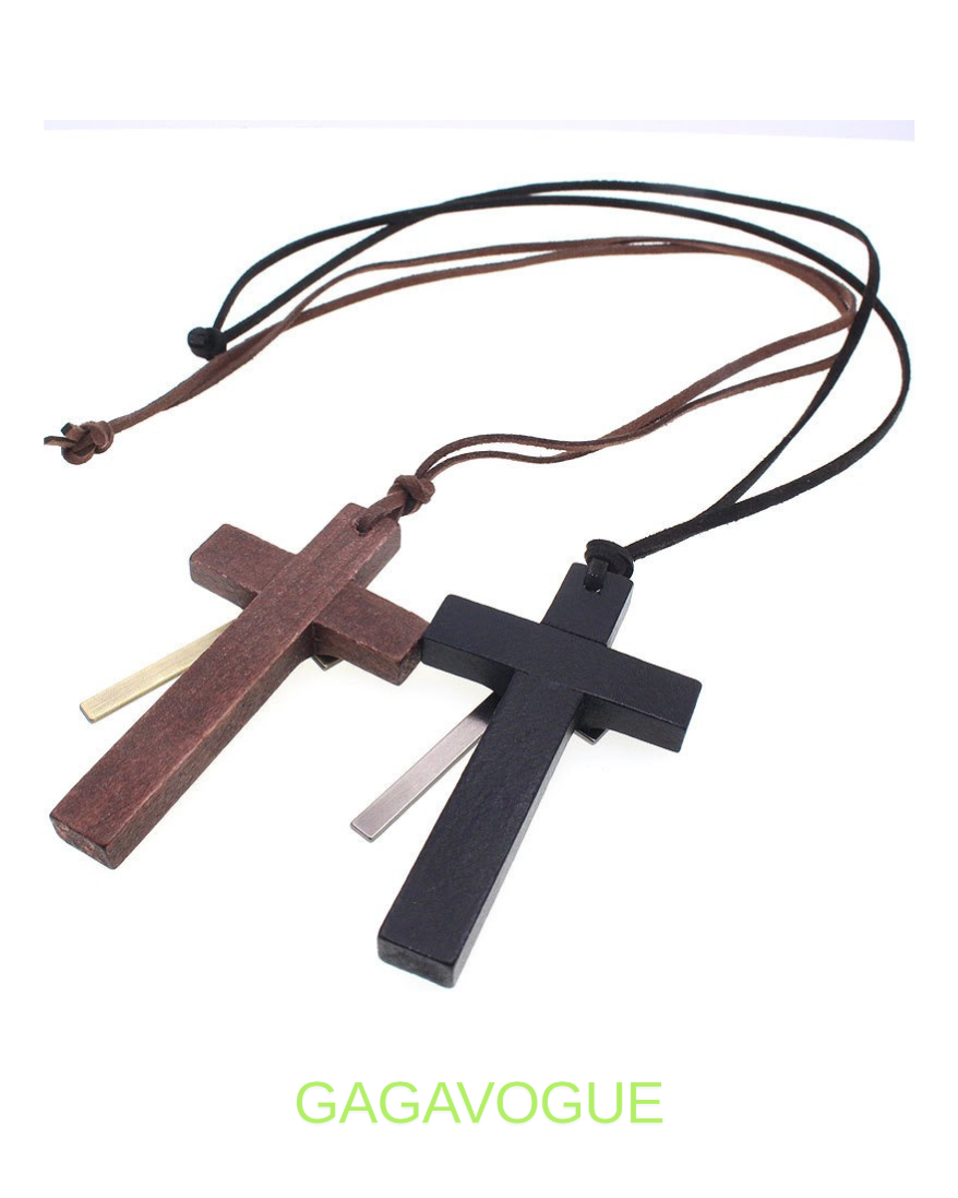 GAGAVOGUE DOUBLE-LAYER CROSS WOOD PENDANT NECKLACE