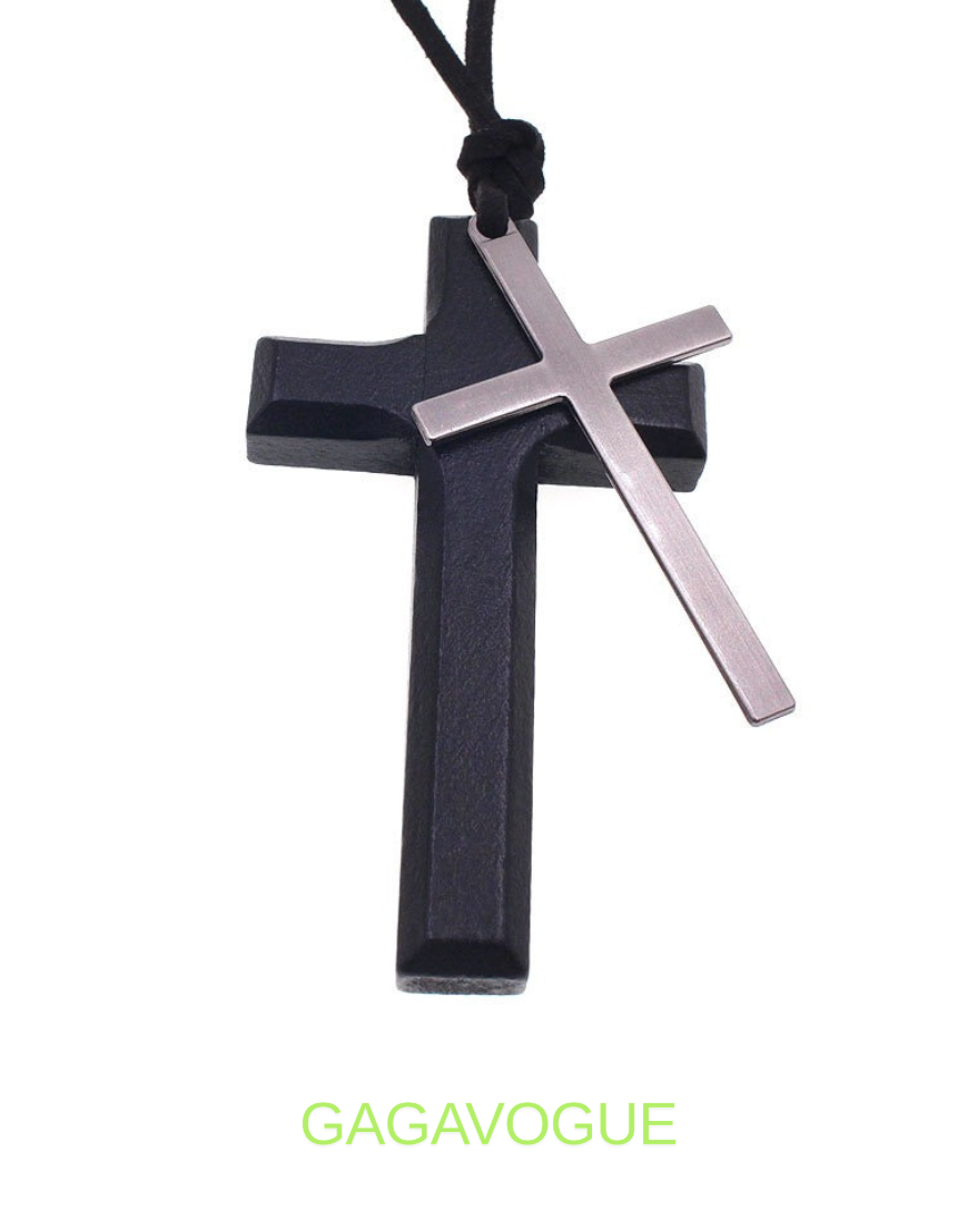 GAGAVOGUE DOUBLE-LAYER CROSS WOOD PENDANT NECKLACE