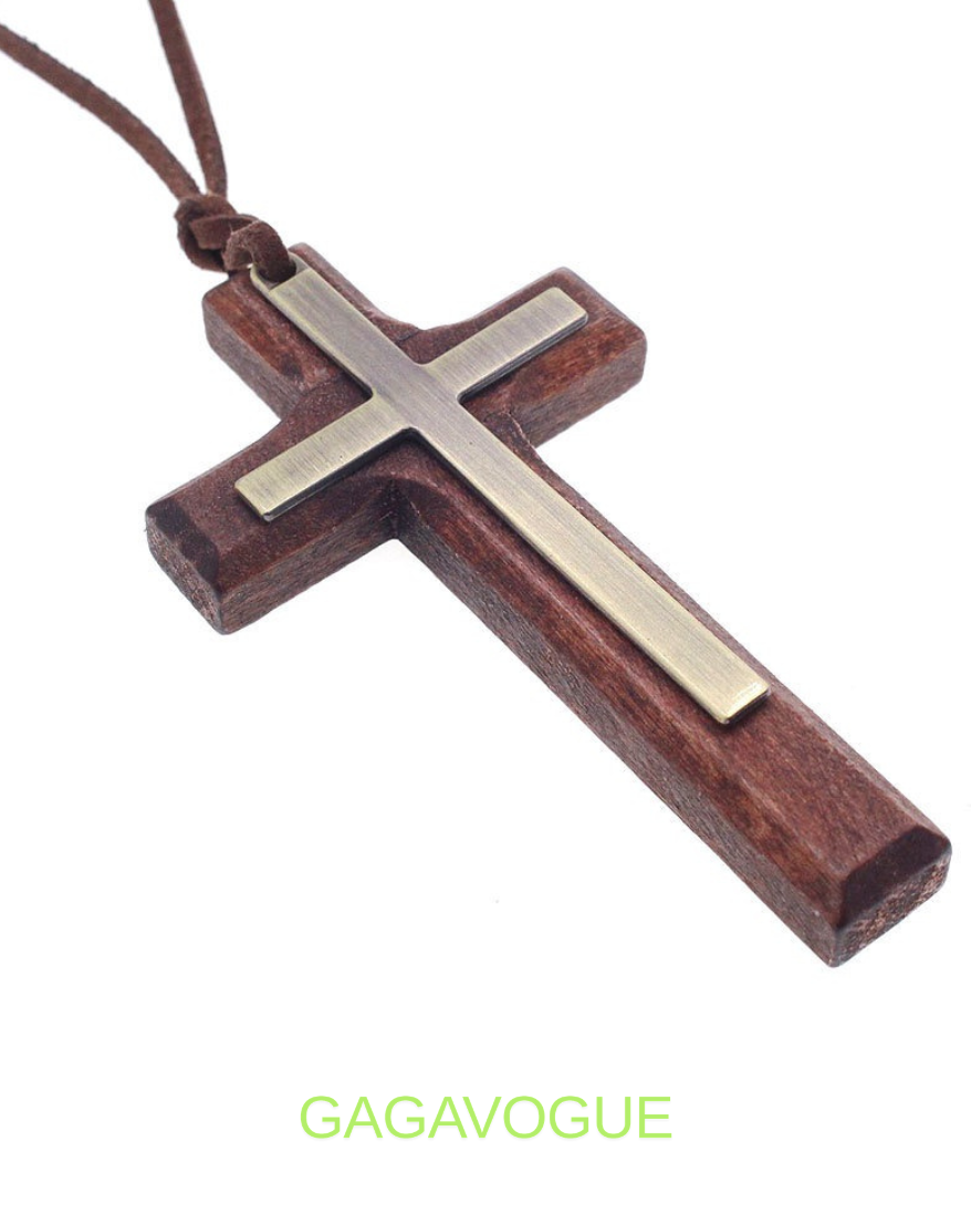 GAGAVOGUE DOUBLE-LAYER CROSS WOOD PENDANT NECKLACE