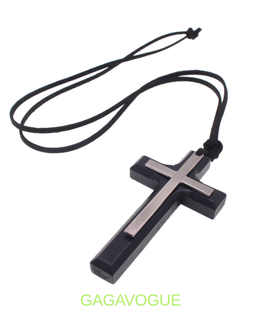 GAGAVOGUE DOUBLE-LAYER CROSS WOOD PENDANT NECKLACE