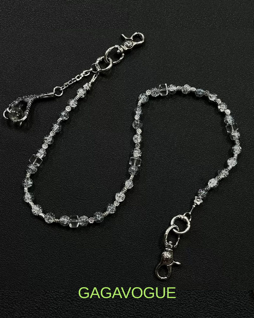 GAGAVOGUE SILVER CRYSTAL FLOWER BEADED WALLET CHAIN