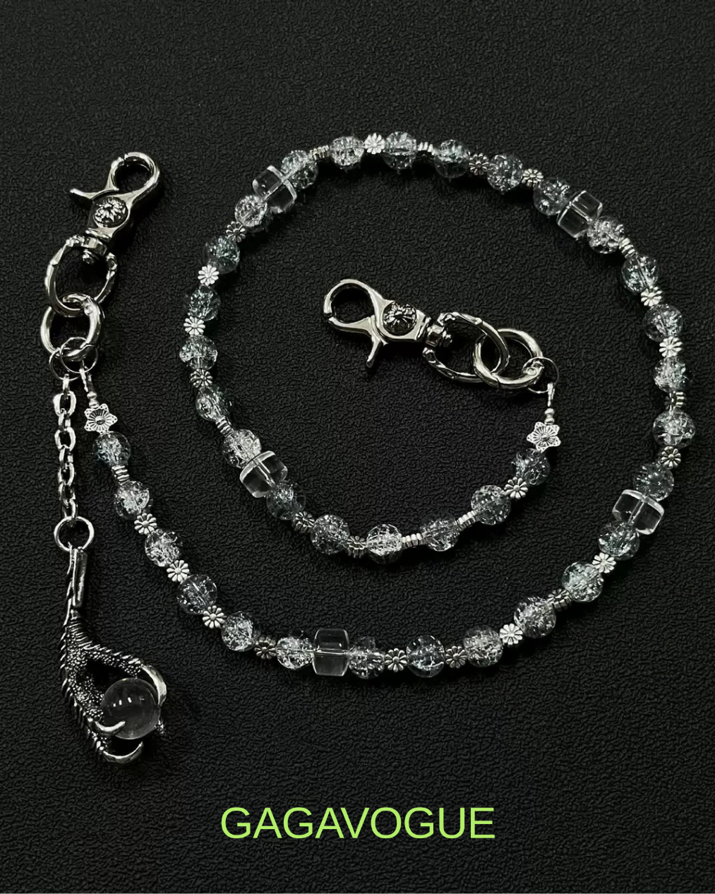 GAGAVOGUE SILVER CRYSTAL FLOWER BEADED WALLET CHAIN