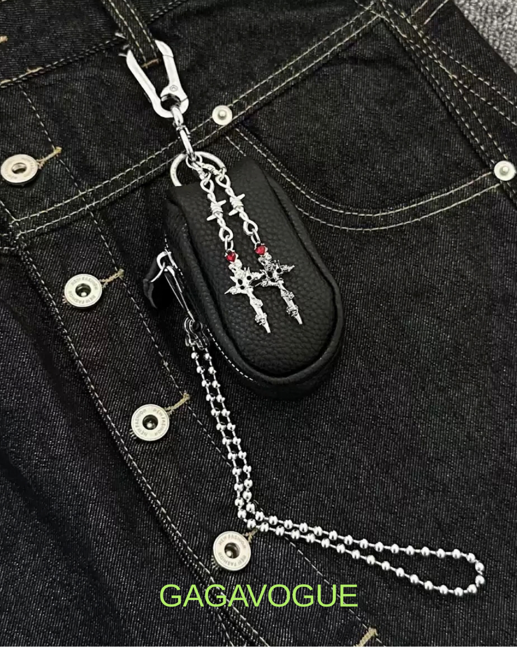 GAGAVOGUE BLACK LEATHER CROSS CHARM BALL CHAIN KEYCHAIN