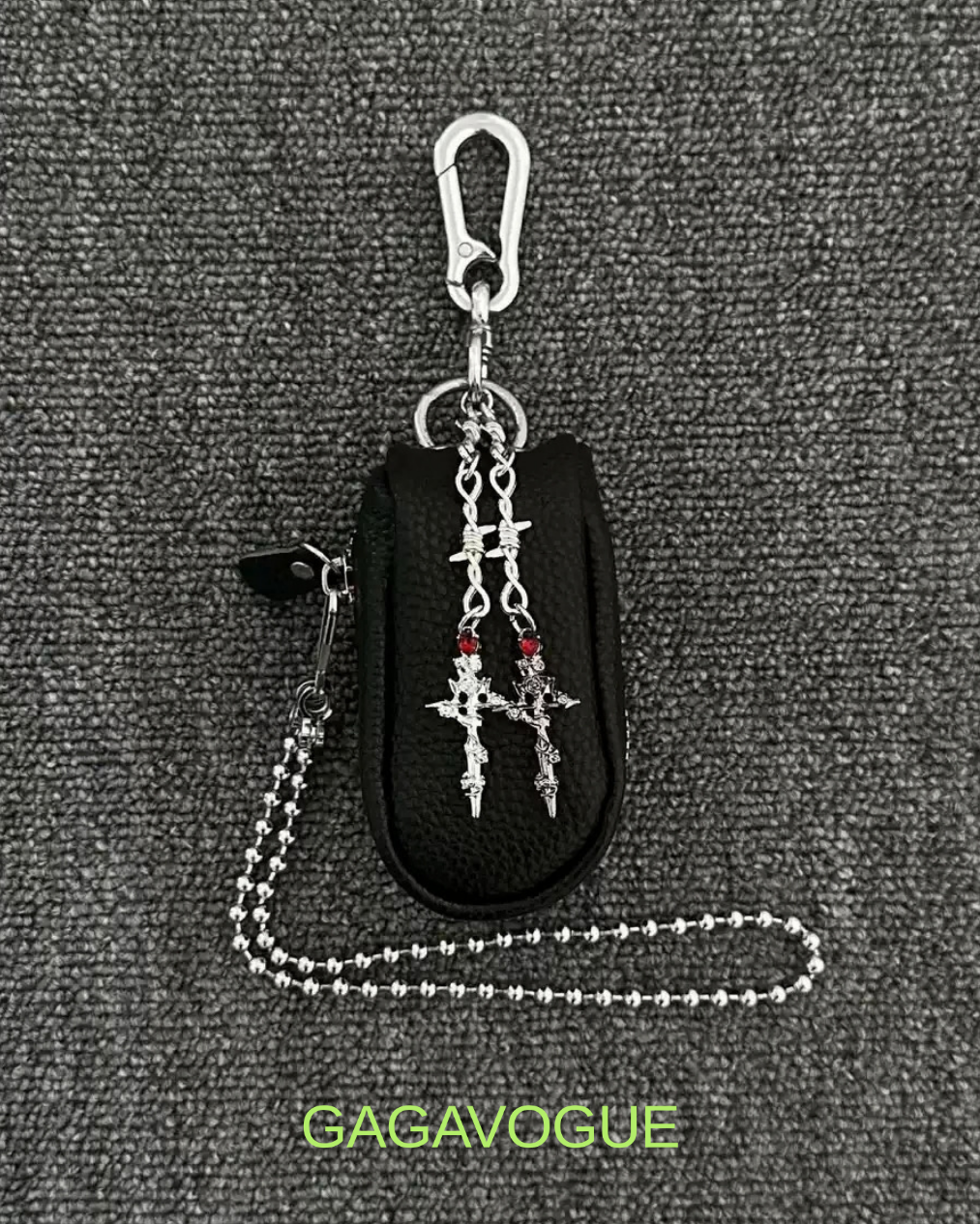 GAGAVOGUE BLACK LEATHER CROSS CHARM BALL CHAIN KEYCHAIN