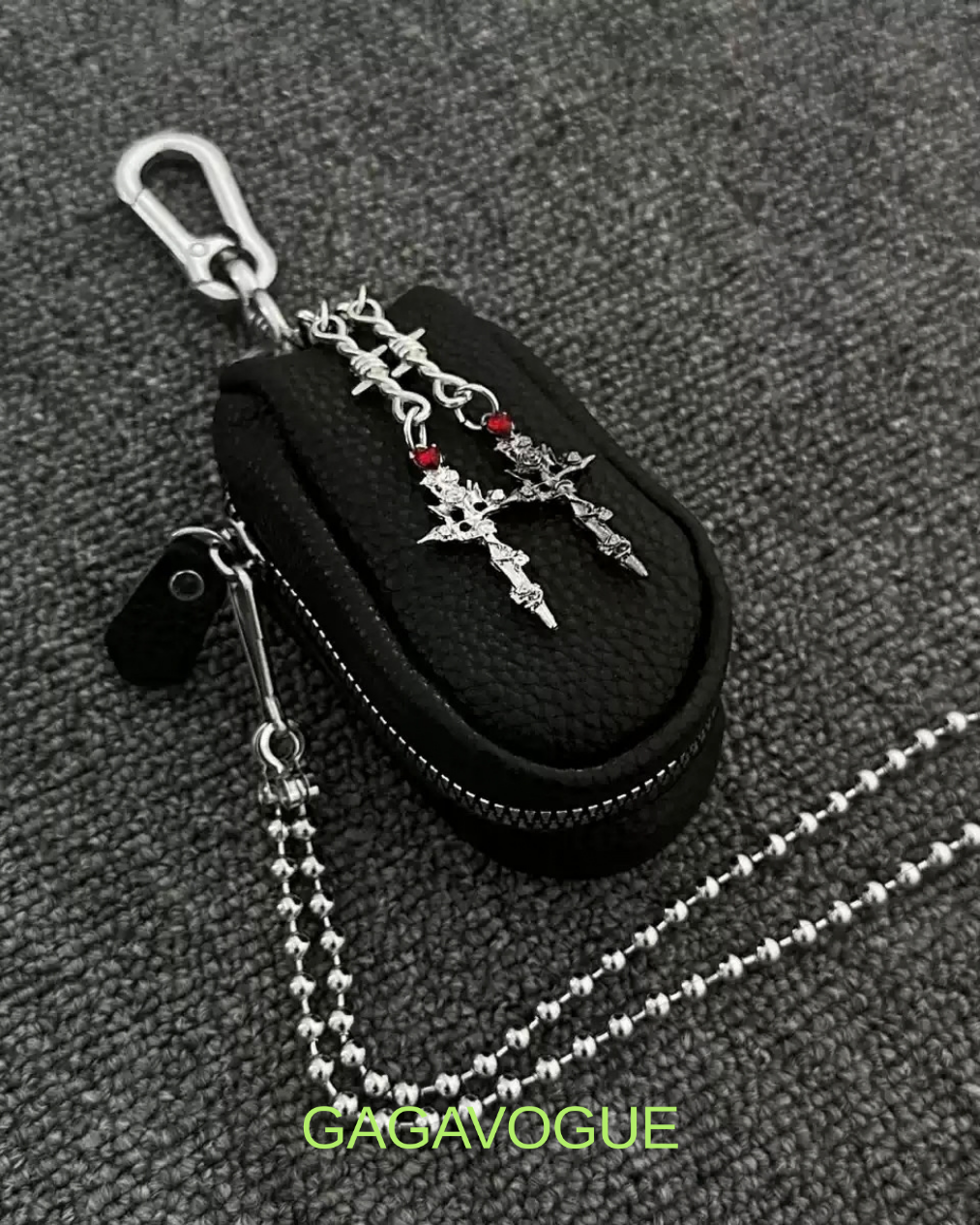 GAGAVOGUE BLACK LEATHER CROSS CHARM BALL CHAIN KEYCHAIN