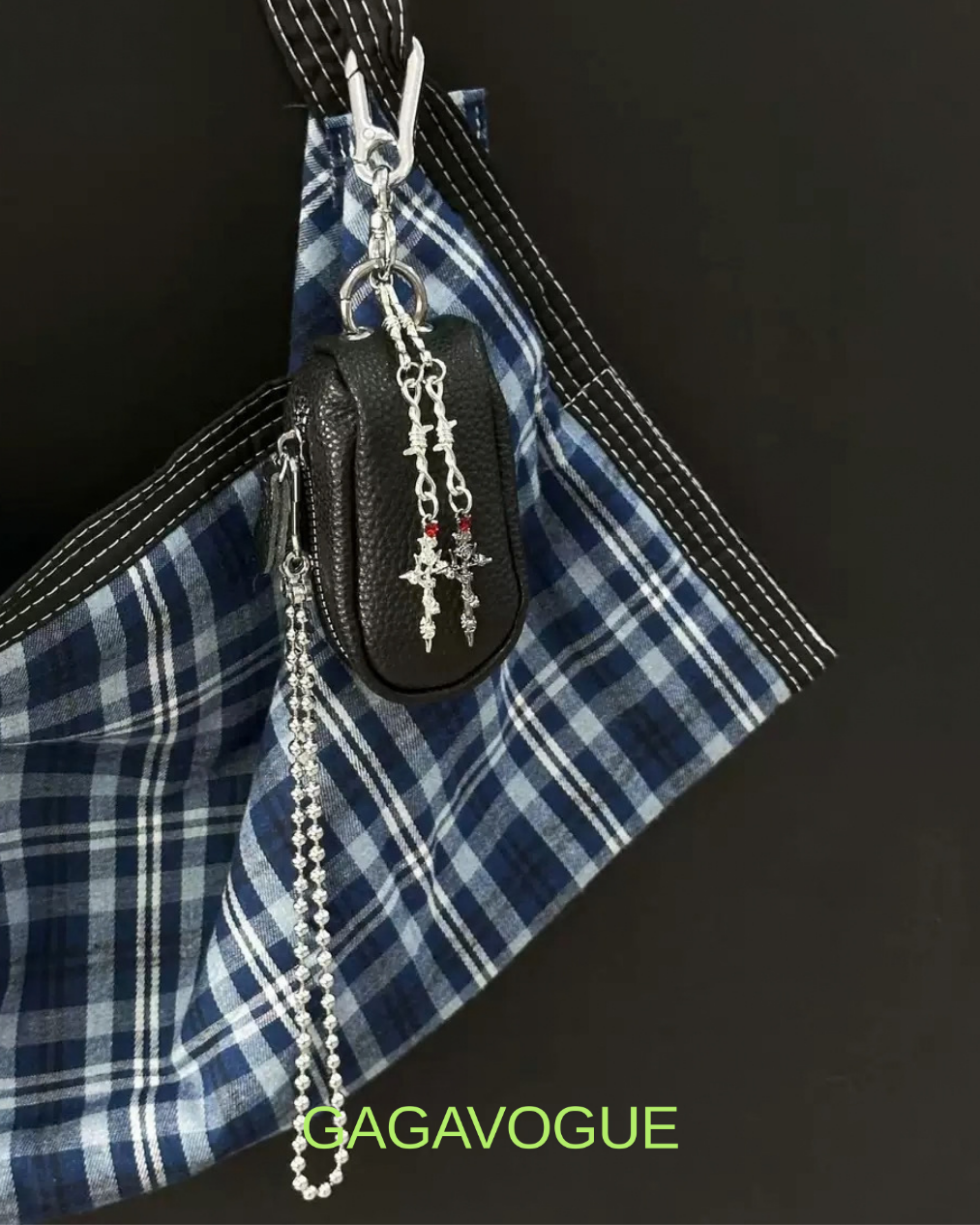 GAGAVOGUE BLACK LEATHER CROSS CHARM BALL CHAIN KEYCHAIN