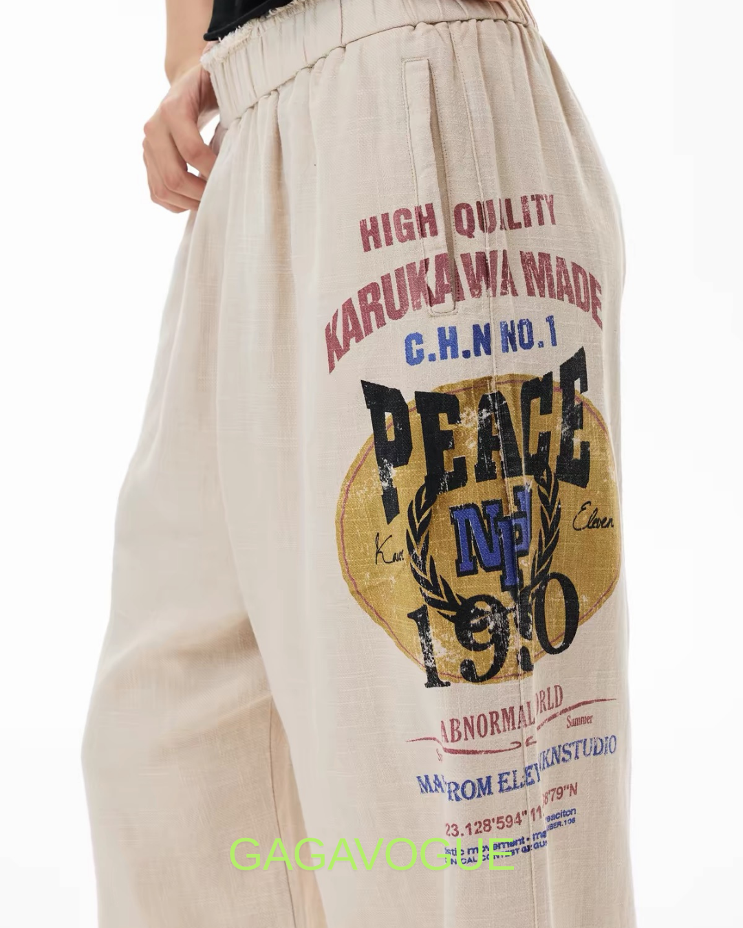GAGAVOGUE VINTAGE LINEN GRAPHIC WIDE PANTS