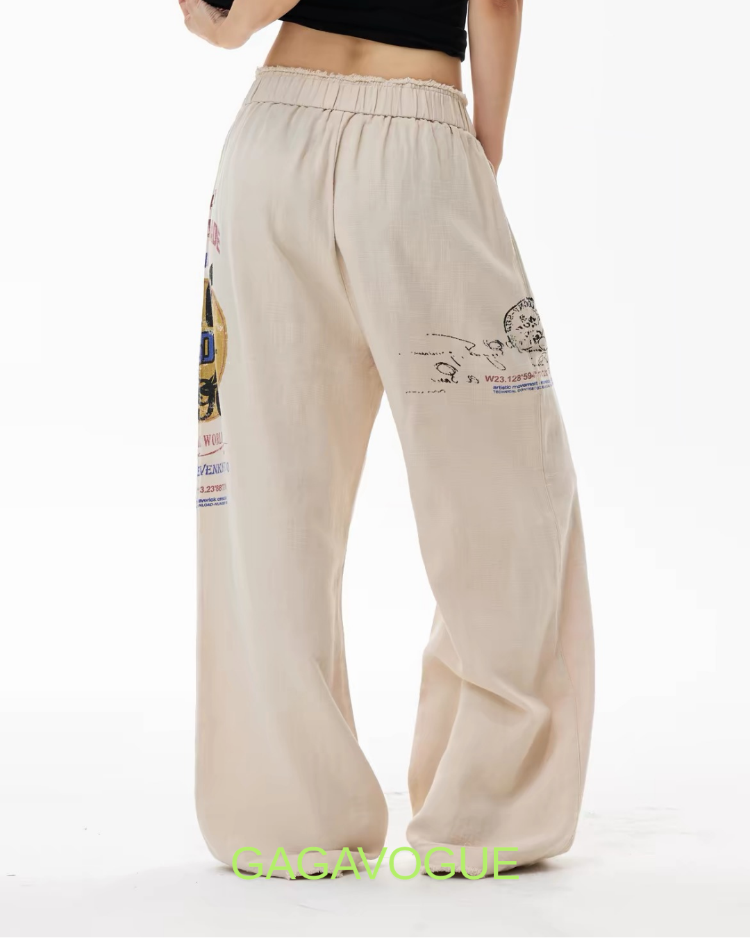 GAGAVOGUE VINTAGE LINEN GRAPHIC WIDE PANTS