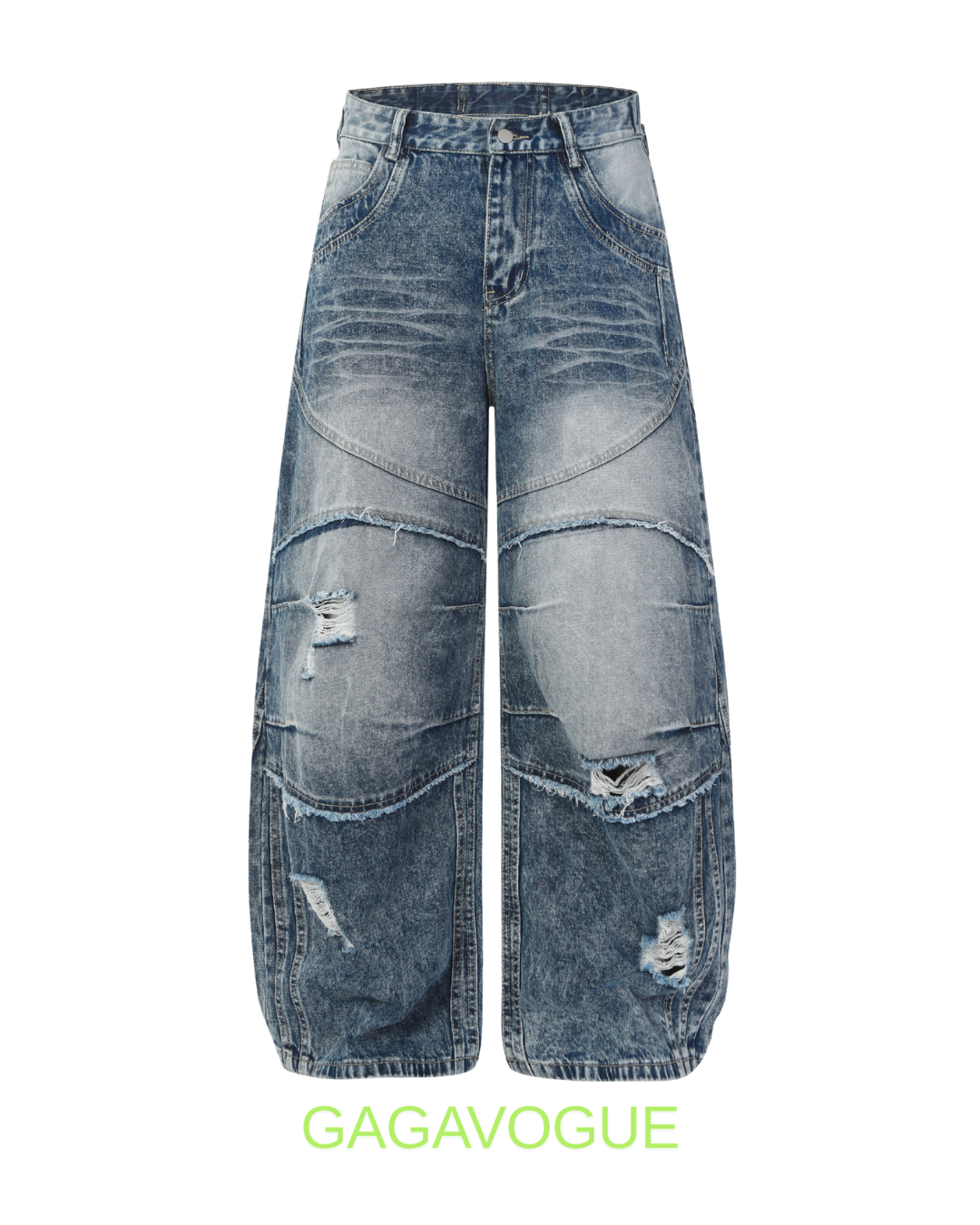 GAGAVOGUE DISTRESSED PANEL WIDE LEG DENIM JEANS