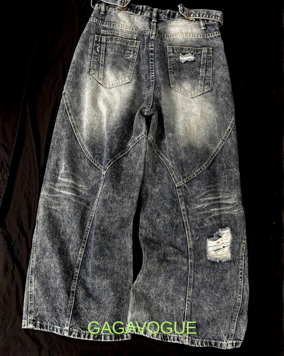 GAGAVOGUE DISTRESSED PANEL WIDE LEG DENIM JEANS
