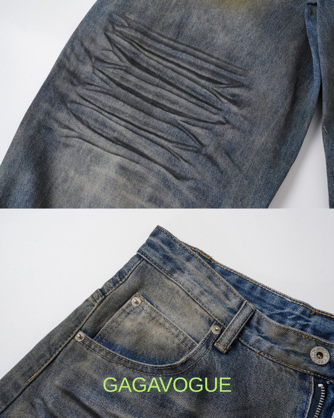 GAGAVOGUE VINTAGE WHISKER WIDE LEG DENIM PANTS