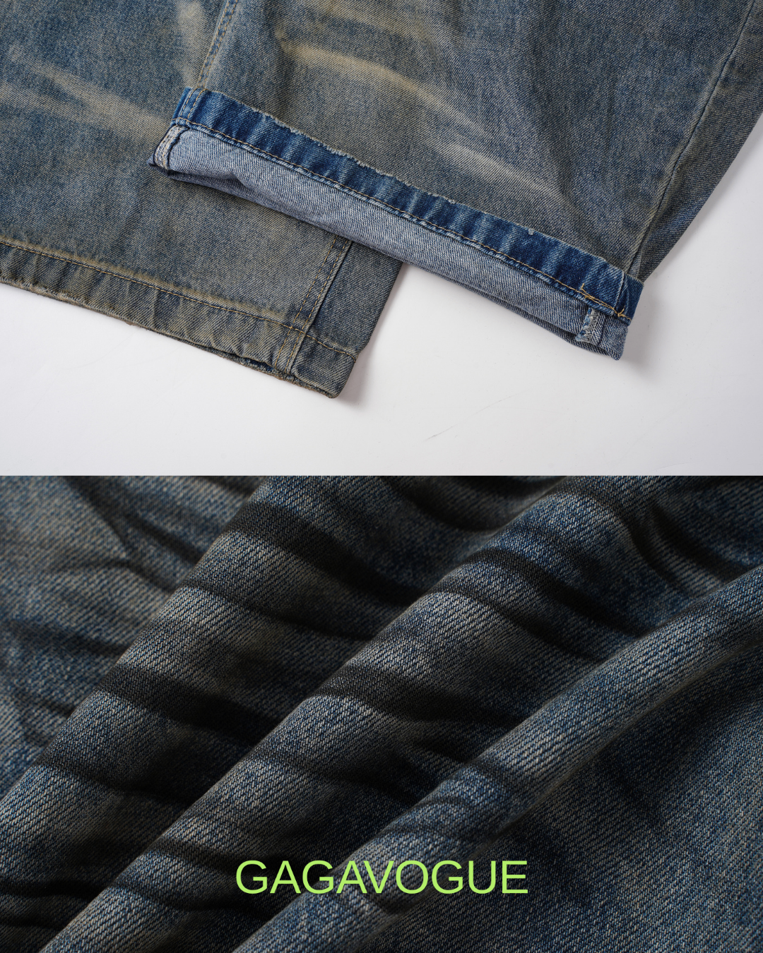GAGAVOGUE VINTAGE WHISKER WIDE LEG DENIM PANTS
