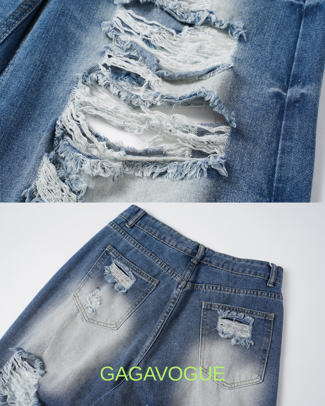 GAGAVOGUE DISTRESSED WIDE LEG DENIM PANTS