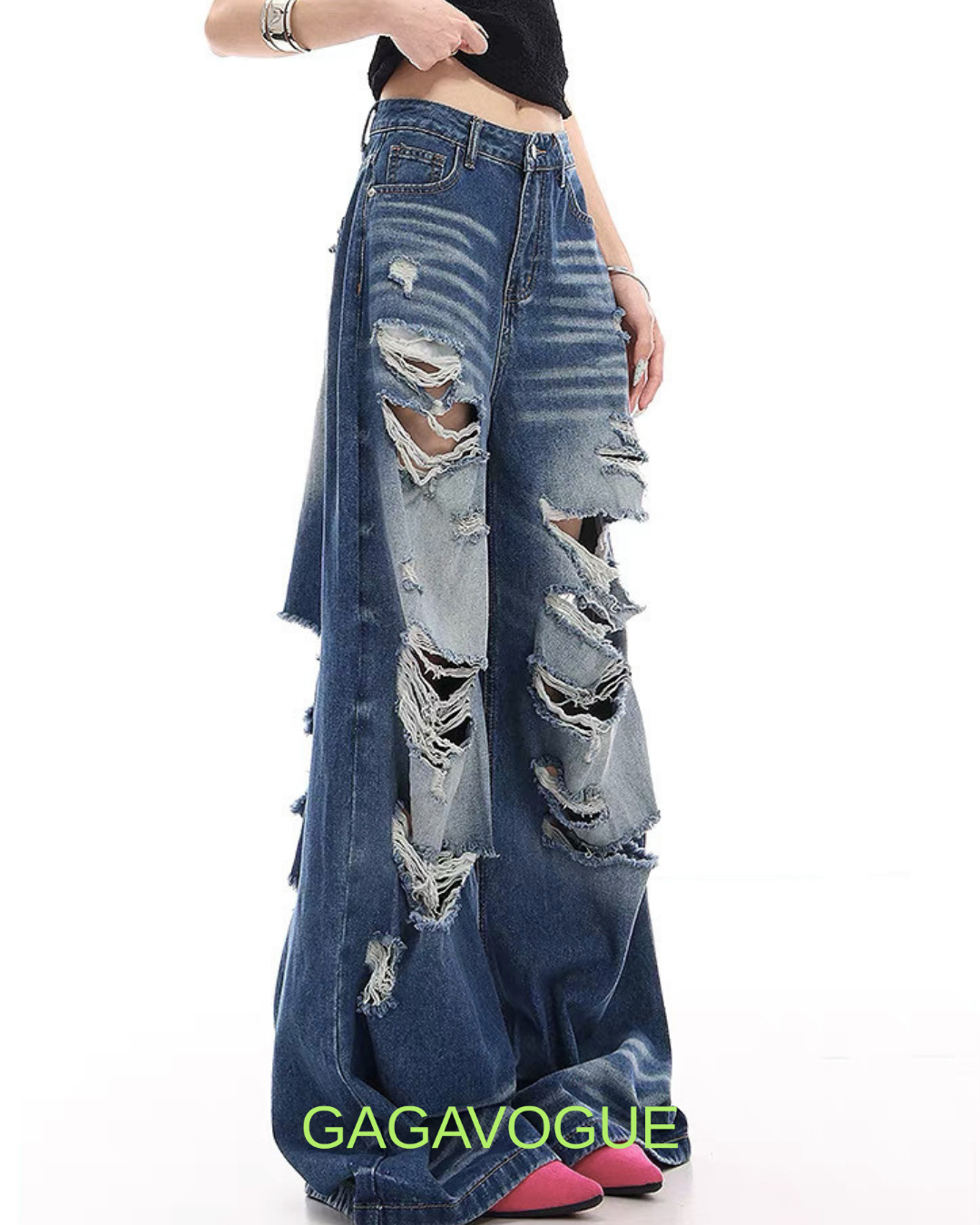 GAGAVOGUE DISTRESSED WIDE LEG DENIM PANTS