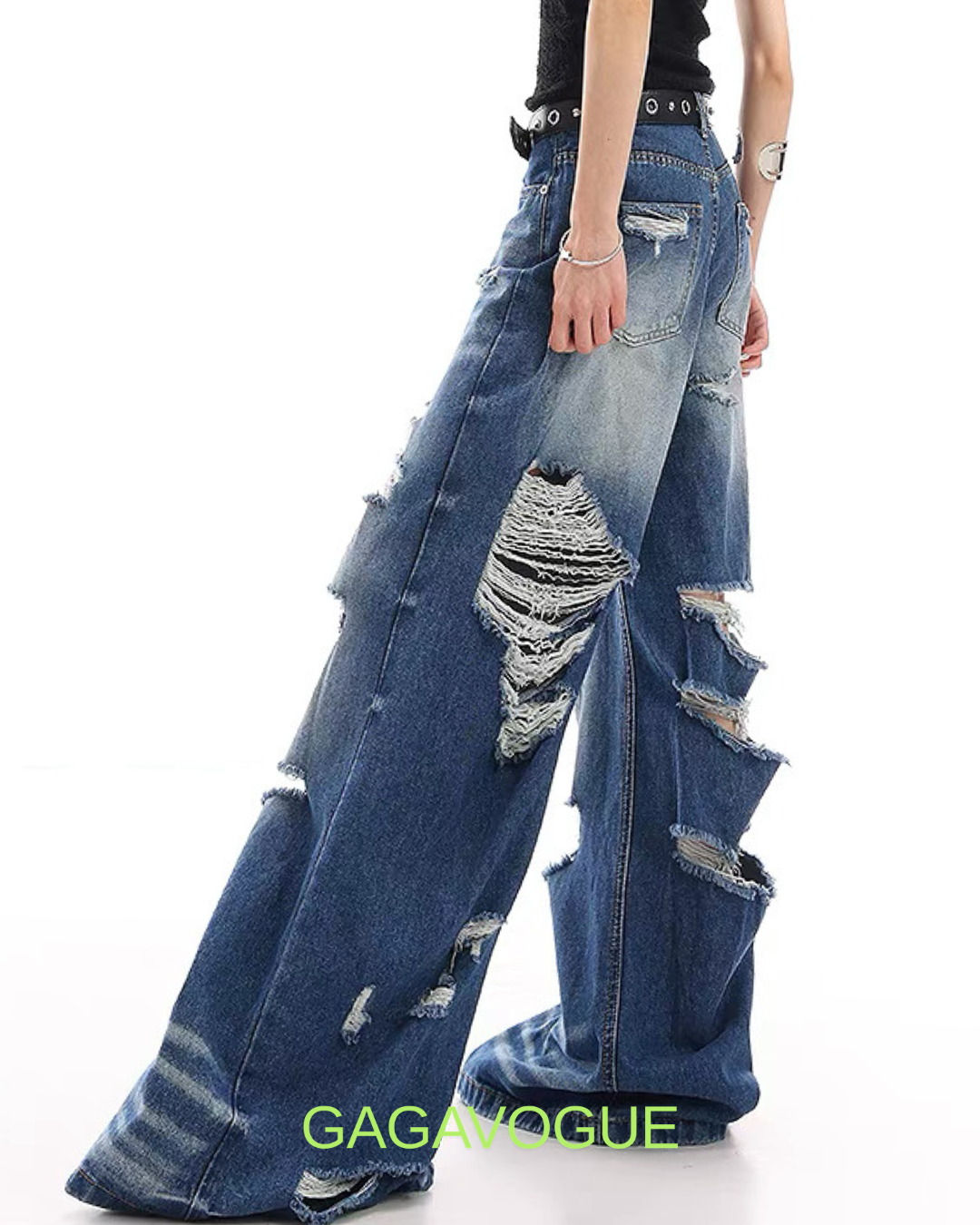 GAGAVOGUE DISTRESSED WIDE LEG DENIM PANTS