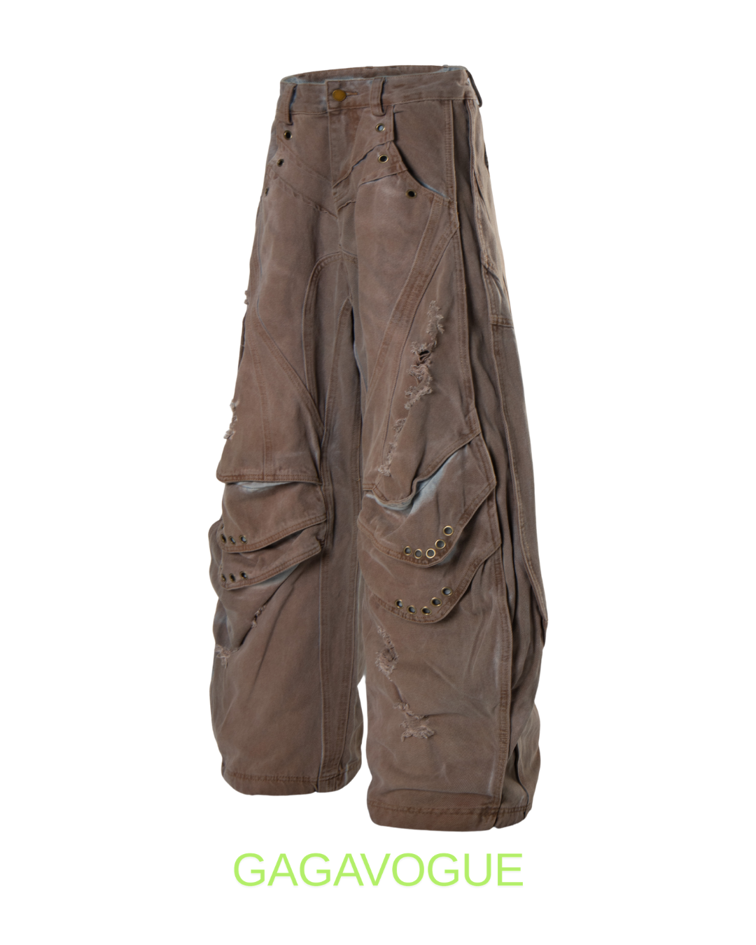 GAGAVOGUE MULTI POCKET DISTRESSED WIDE LEG PANTS