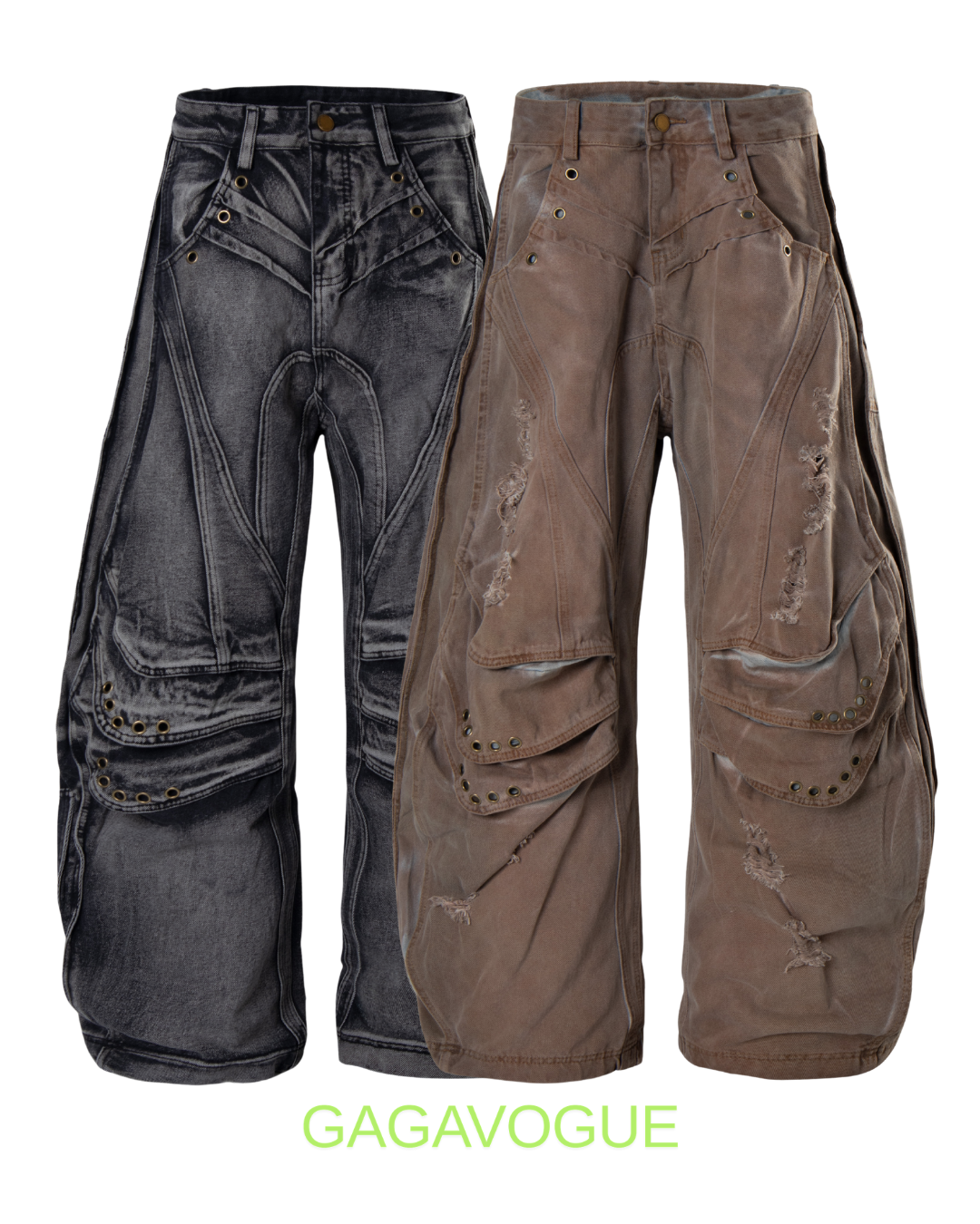 GAGAVOGUE MULTI POCKET DISTRESSED WIDE LEG PANTS