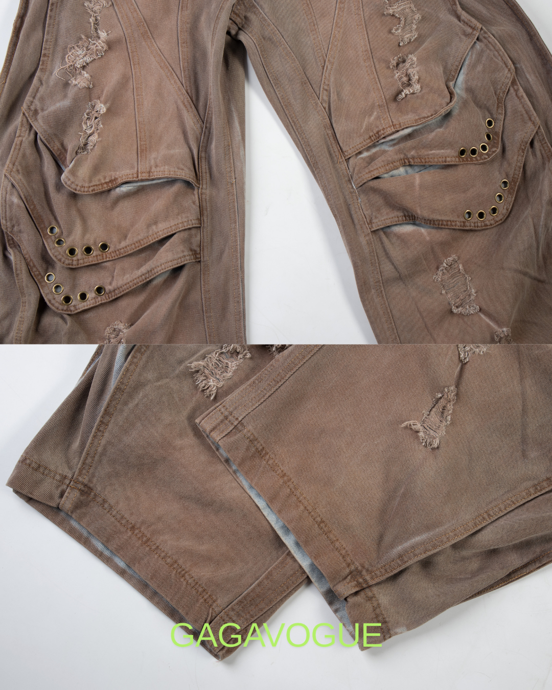 GAGAVOGUE MULTI POCKET DISTRESSED WIDE LEG PANTS