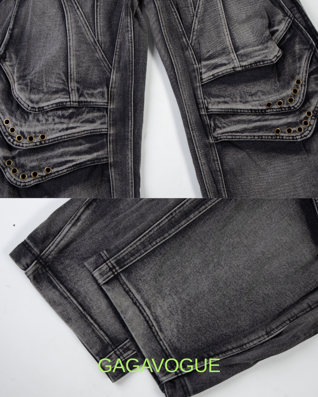 GAGAVOGUE MULTI POCKET DISTRESSED WIDE LEG PANTS