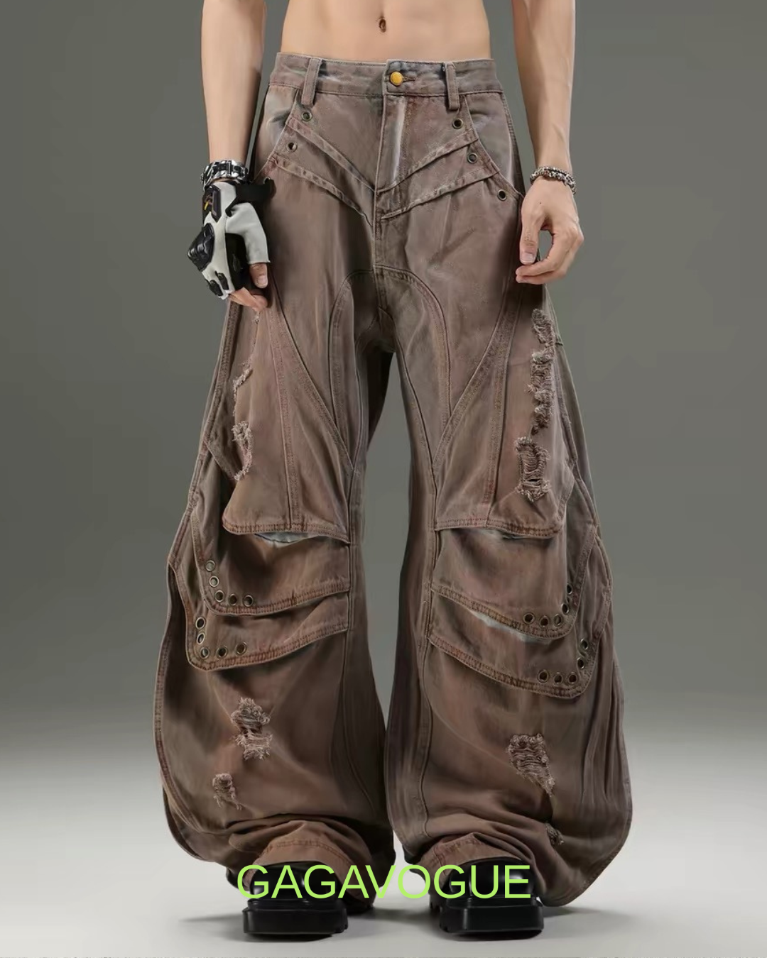 GAGAVOGUE MULTI POCKET DISTRESSED WIDE LEG PANTS