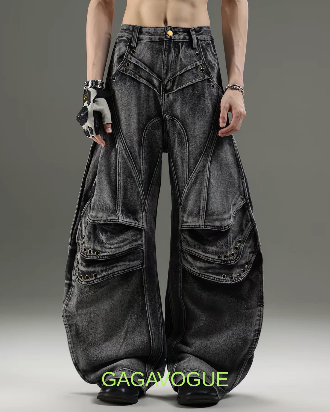 GAGAVOGUE MULTI POCKET DISTRESSED WIDE LEG PANTS