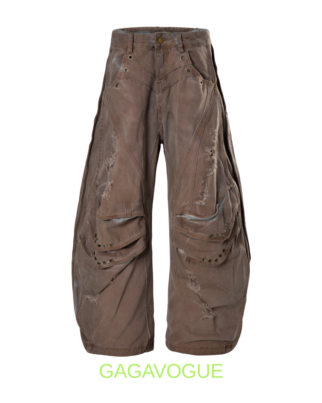 GAGAVOGUE MULTI POCKET DISTRESSED WIDE LEG PANTS