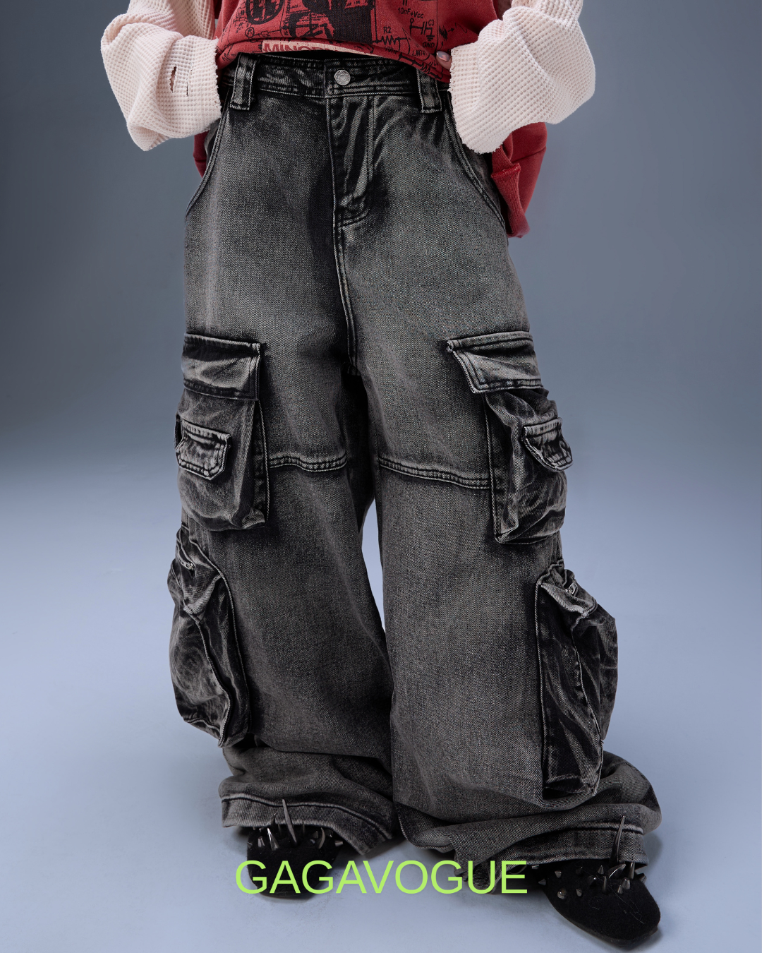 GAGAVOGUE 4-POCKET WASHED WIDE-LEG CARGO PANTS