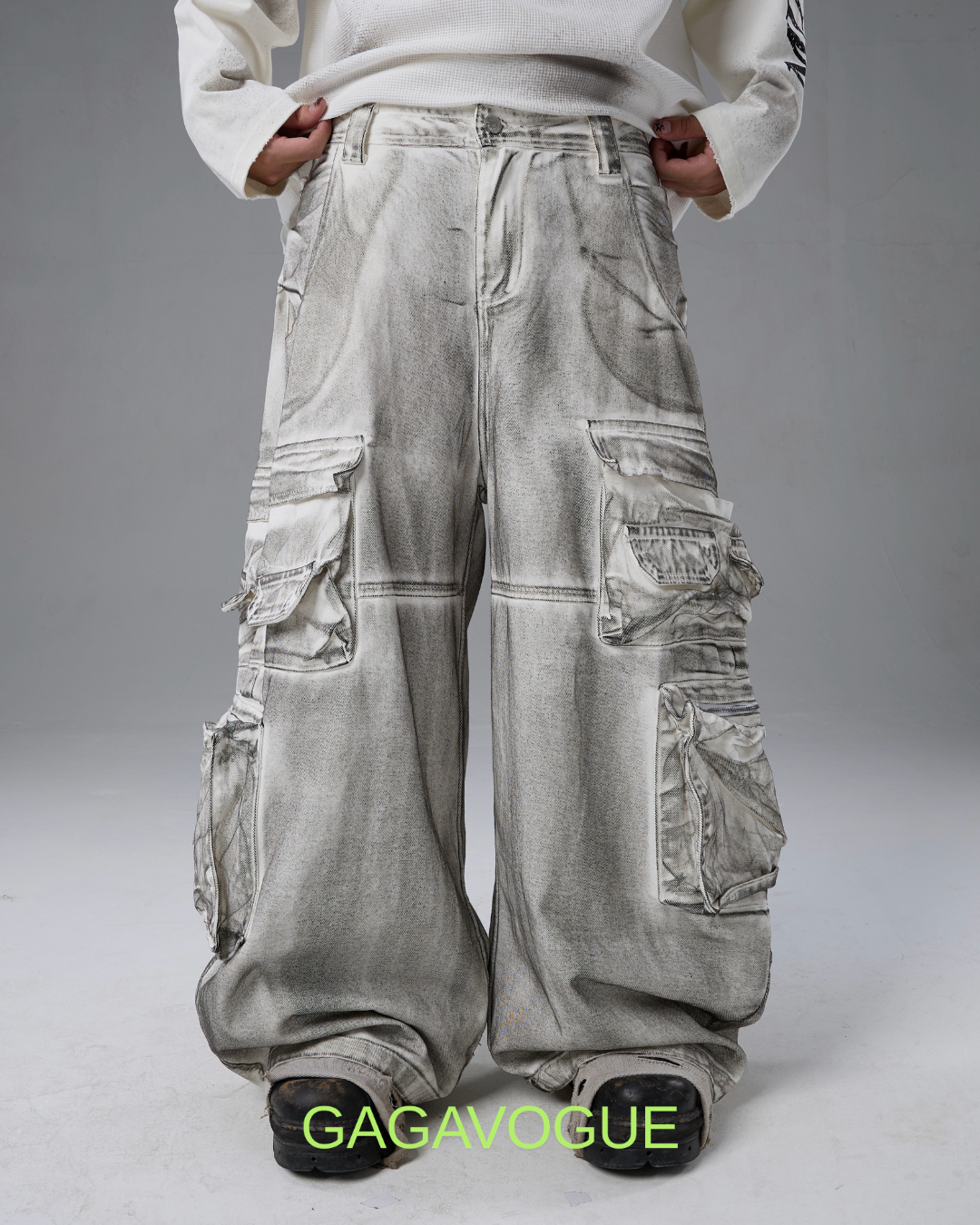 GAGAVOGUE 4-POCKET WASHED WIDE-LEG CARGO PANTS