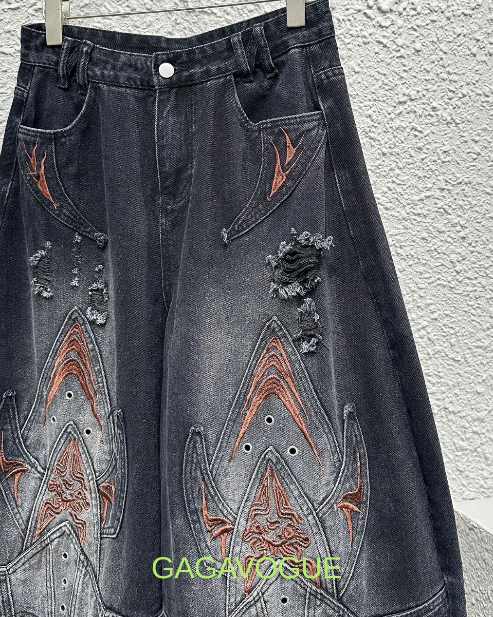 GAGAVOGUE TRIBAL SPADE DISTRESSED PANEL WIDE-LEG JEANS
