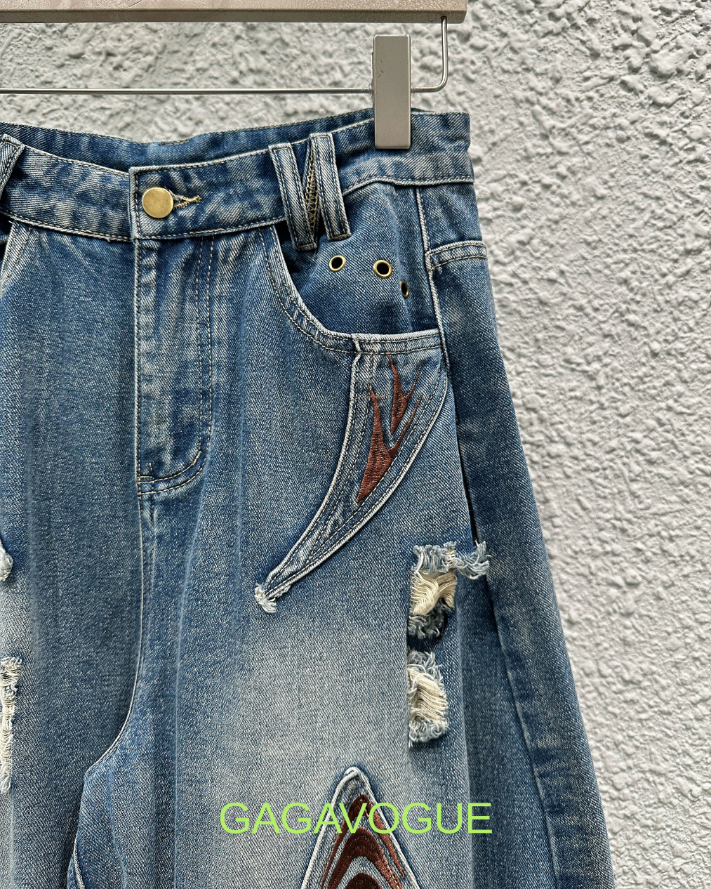 GAGAVOGUE TRIBAL SPADE DISTRESSED PANEL WIDE-LEG JEANS