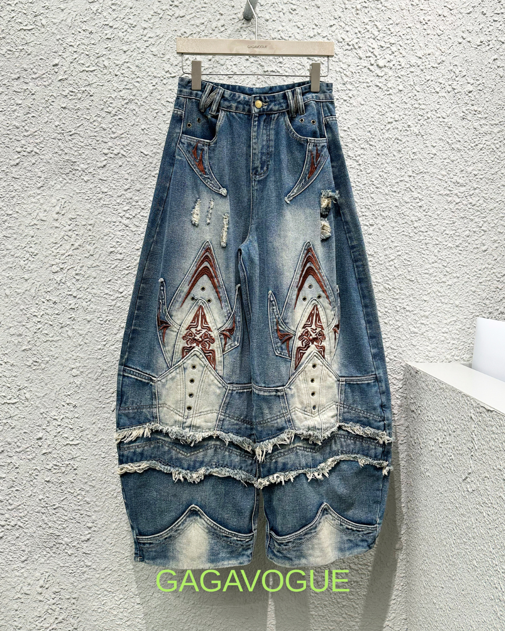 GAGAVOGUE TRIBAL SPADE DISTRESSED PANEL WIDE-LEG JEANS