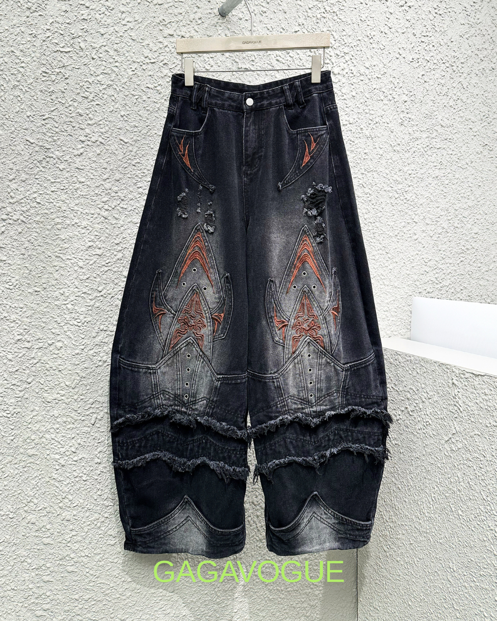 GAGAVOGUE TRIBAL SPADE DISTRESSED PANEL WIDE-LEG JEANS