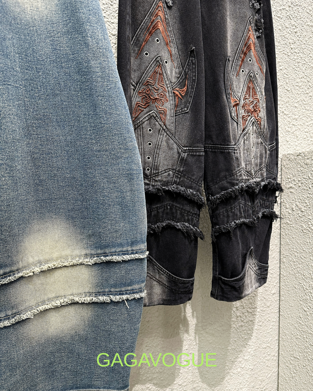 GAGAVOGUE TRIBAL SPADE DISTRESSED PANEL WIDE-LEG JEANS