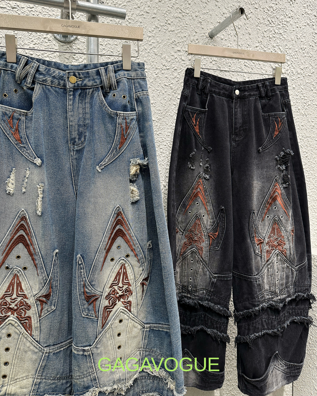 GAGAVOGUE TRIBAL SPADE DISTRESSED PANEL WIDE-LEG JEANS