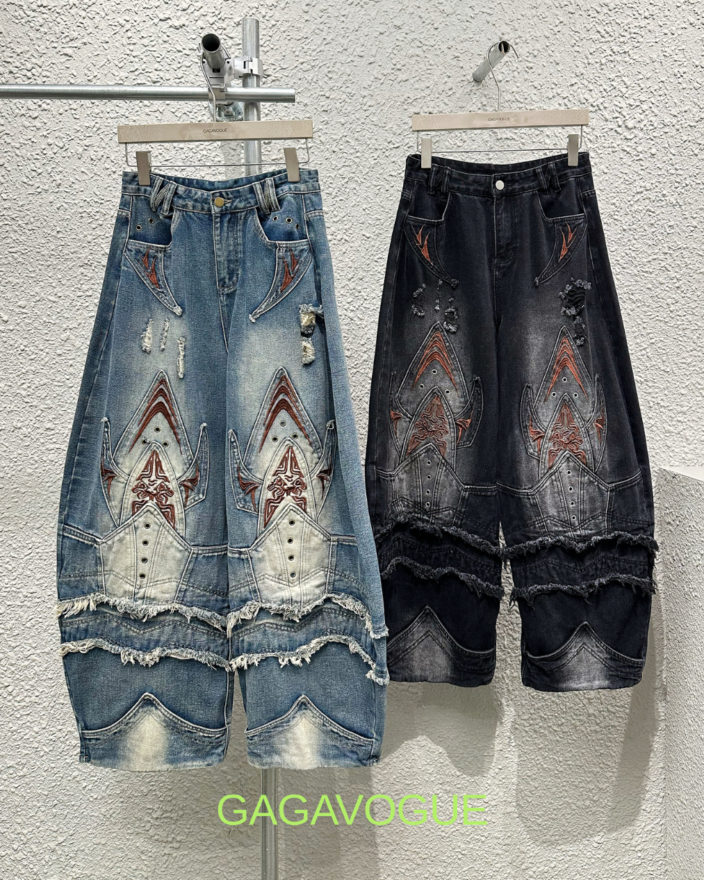 GAGAVOGUE TRIBAL SPADE DISTRESSED PANEL WIDE-LEG JEANS