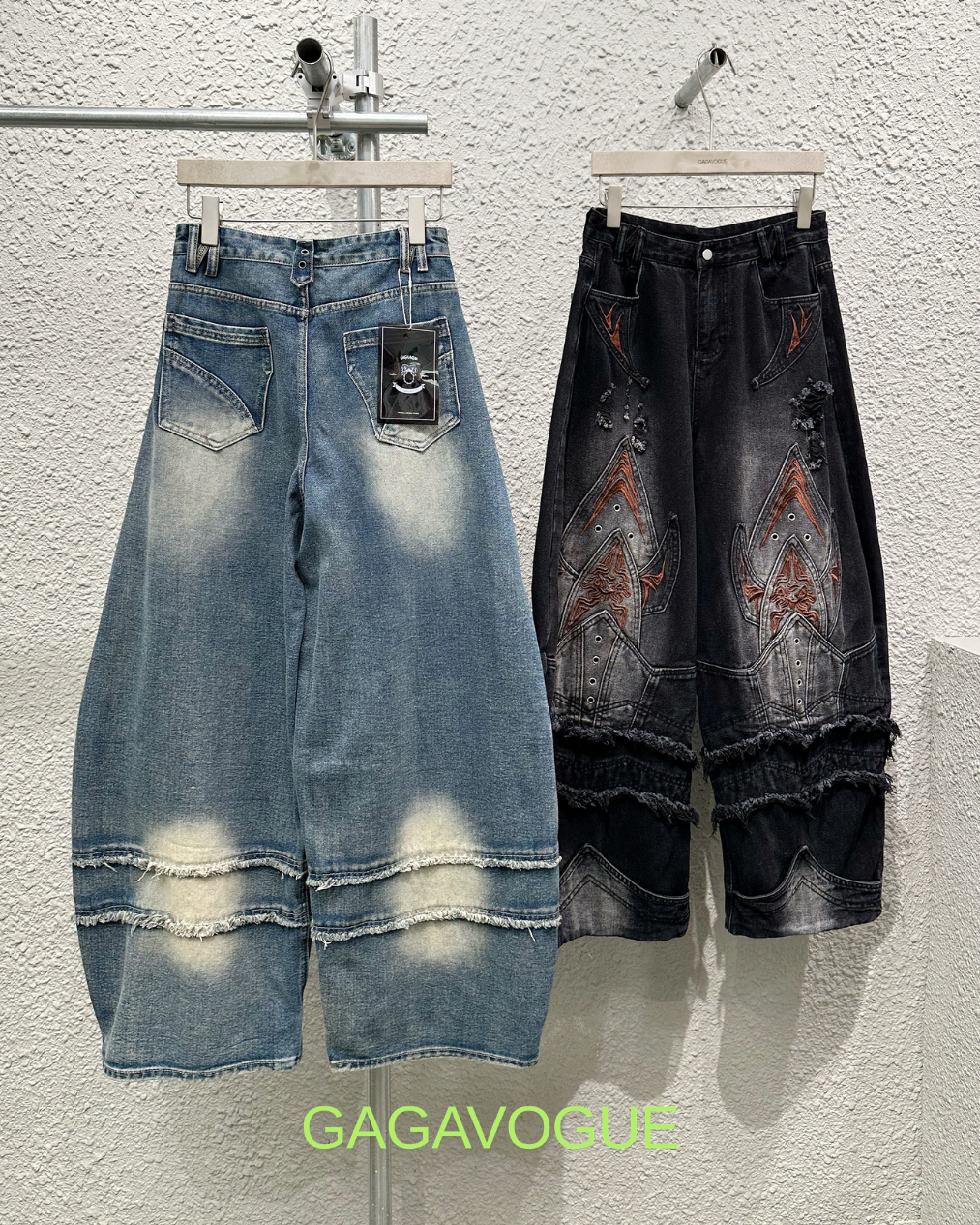 GAGAVOGUE TRIBAL SPADE DISTRESSED PANEL WIDE-LEG JEANS