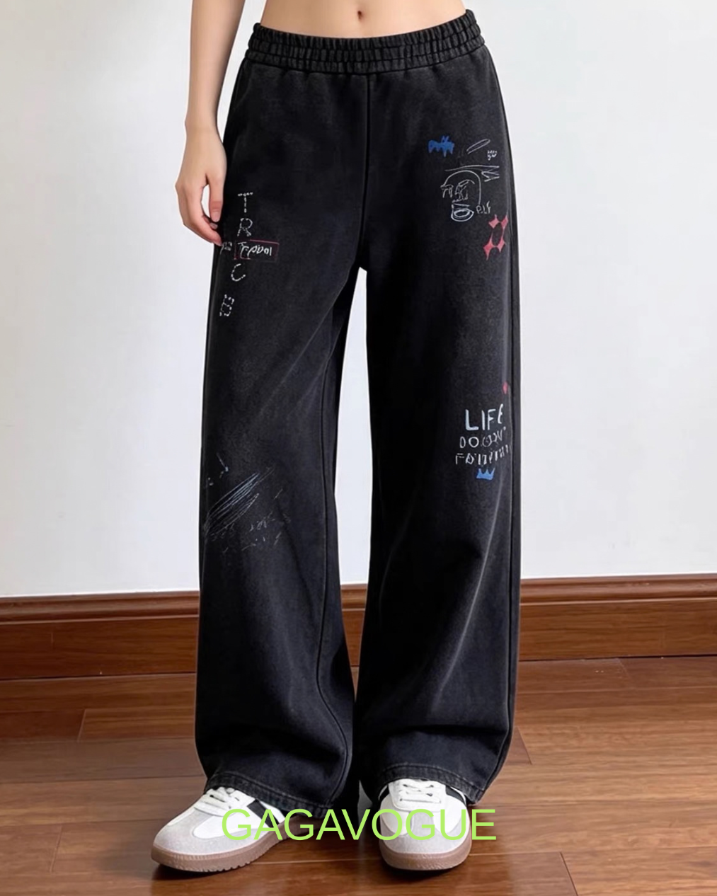 GAGAVOGUE BLACK GRAPHIC WIDE LEG SWEATPANTS