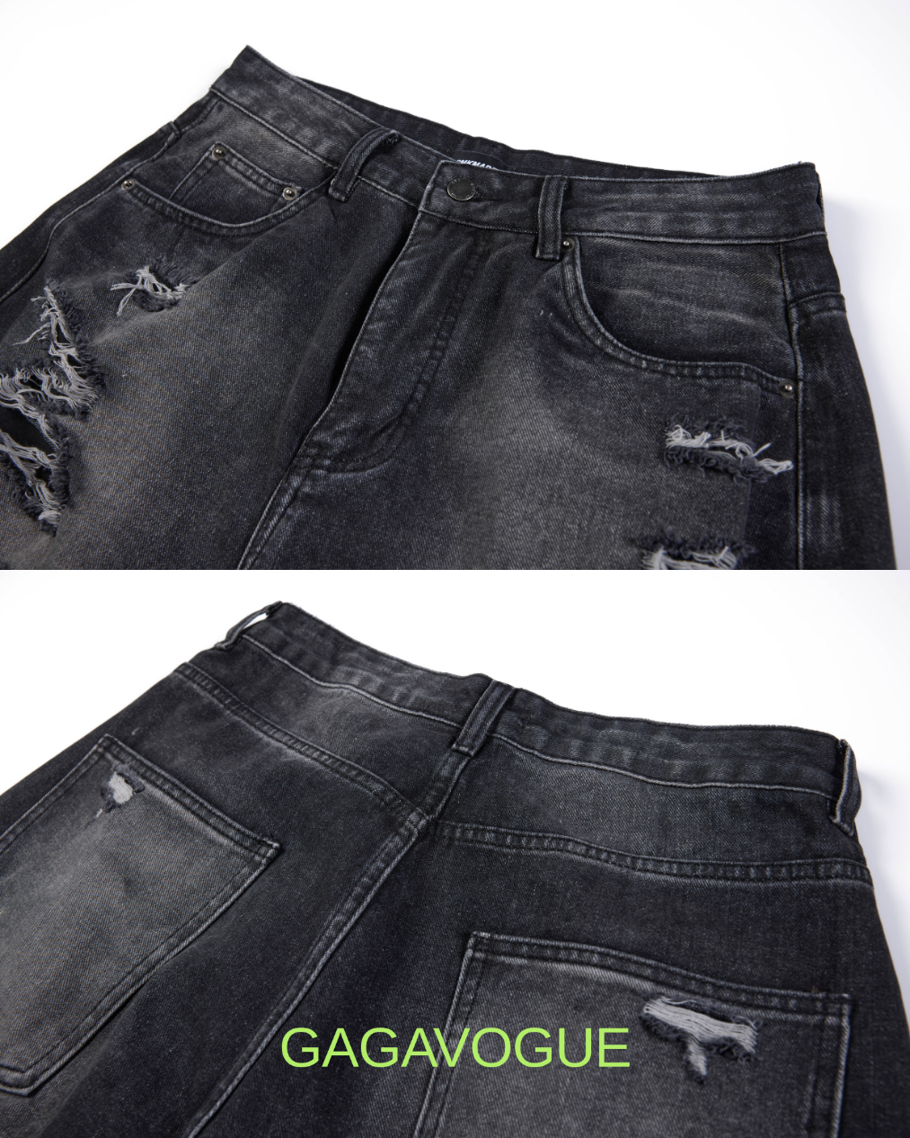 GAGAVOGUE BLACK DISTRESSED WIDE LEG DENIM JEANS