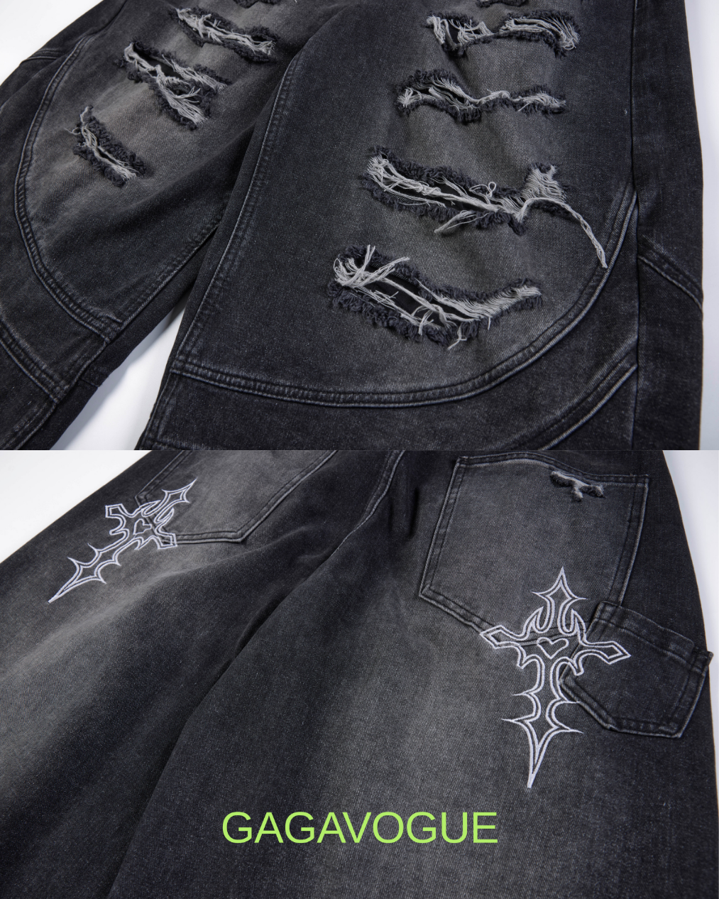 GAGAVOGUE BLACK DISTRESSED WIDE LEG DENIM JEANS