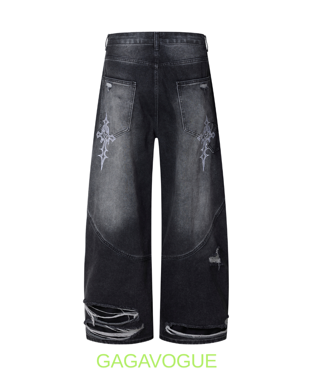 GAGAVOGUE BLACK DISTRESSED WIDE LEG DENIM JEANS