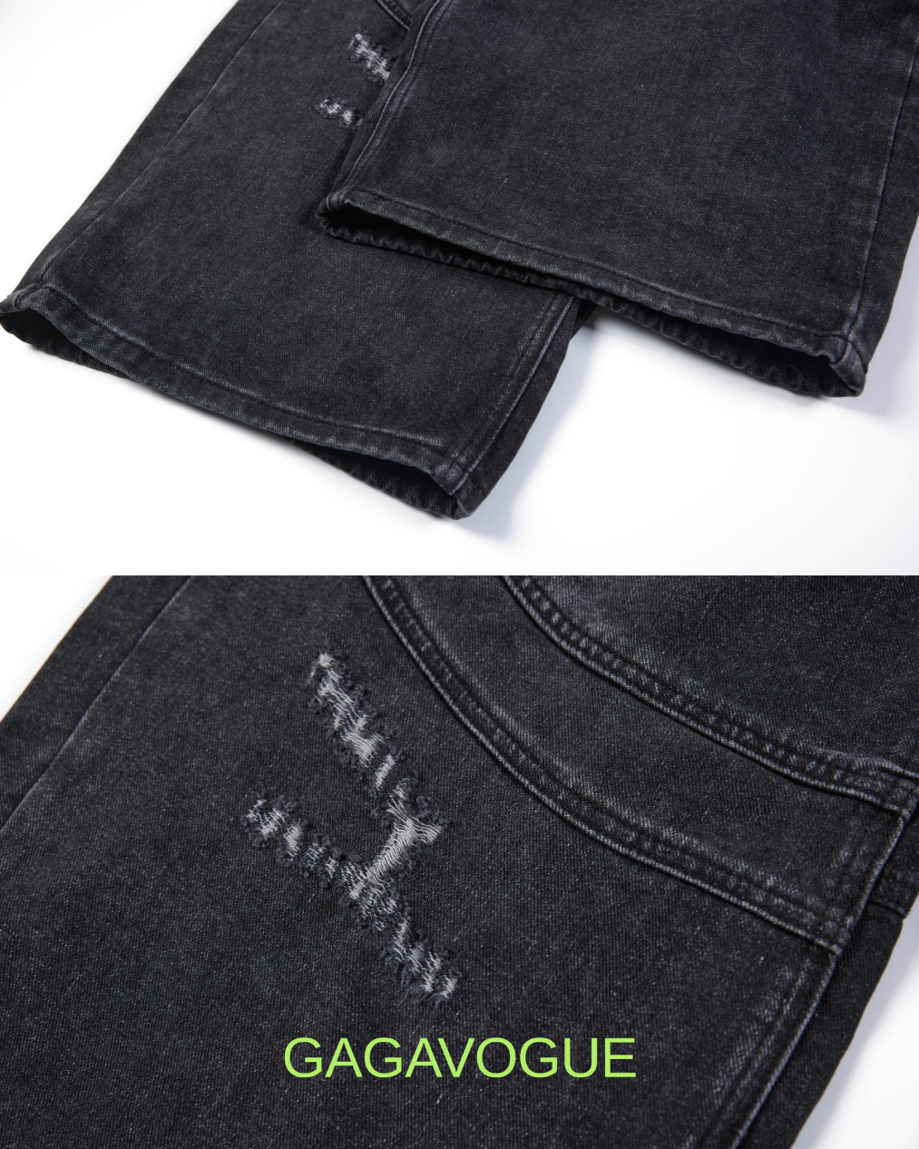 GAGAVOGUE BLACK DISTRESSED WIDE LEG DENIM JEANS