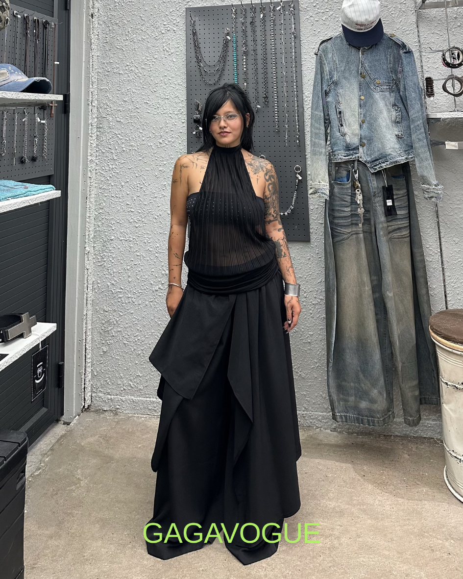 GAGAVOGUE BLACK ASYMMETRIC DRAPED LAYERED WIDE-LEG PANTS