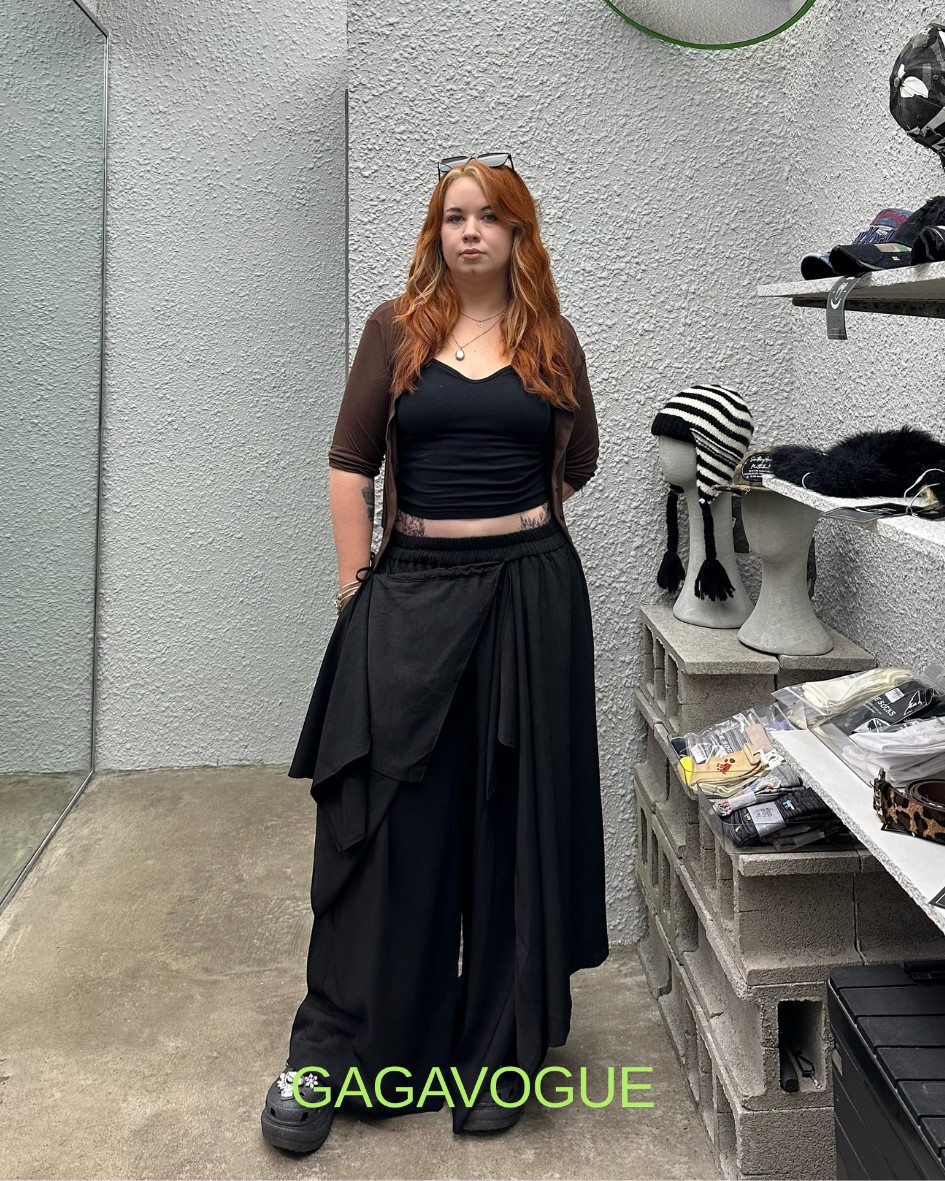 GAGAVOGUE BLACK ASYMMETRIC DRAPED LAYERED WIDE-LEG PANTS