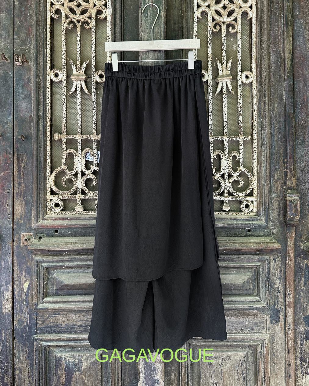 GAGAVOGUE BLACK ASYMMETRIC DRAPED LAYERED WIDE-LEG PANTS