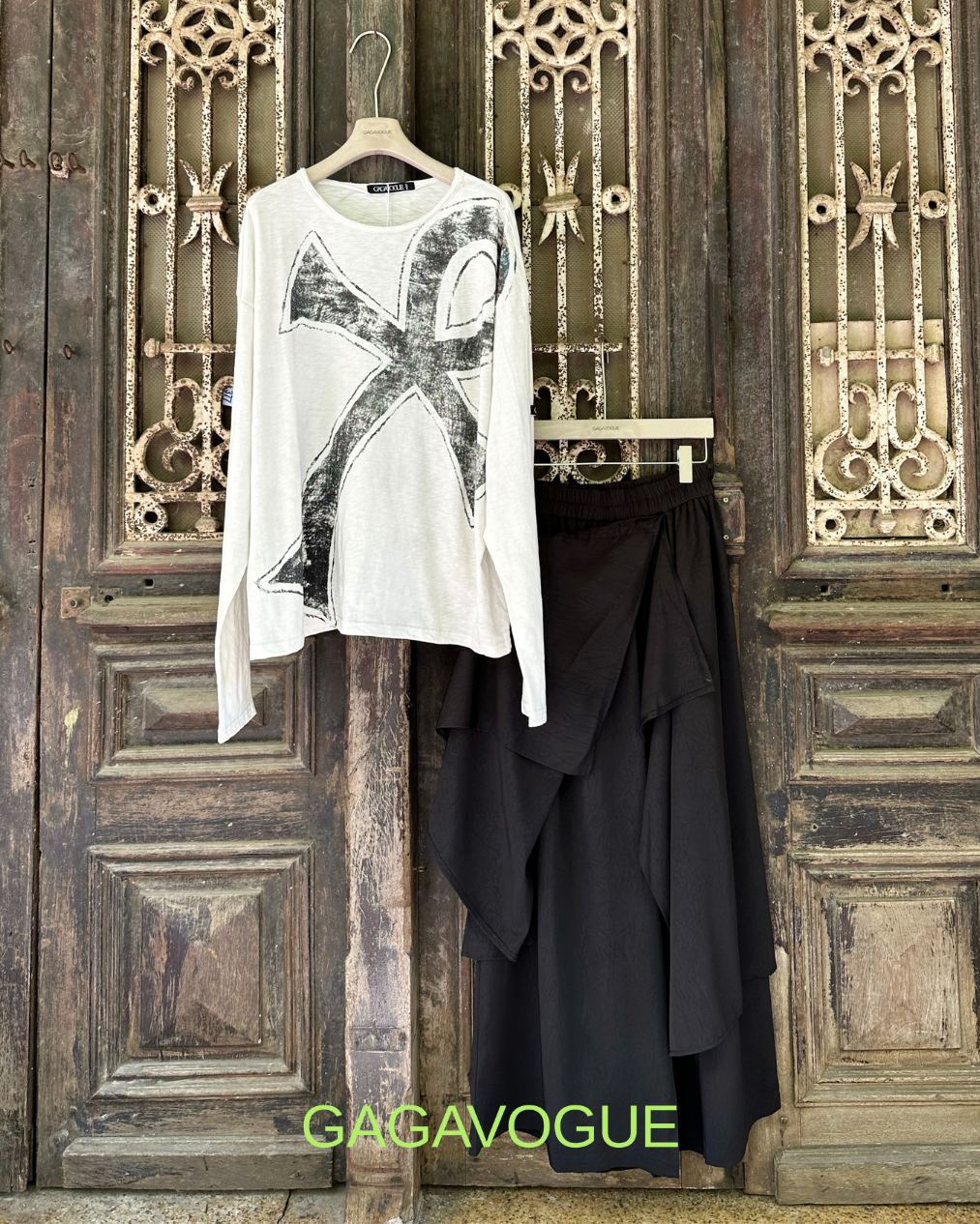 GAGAVOGUE BLACK ASYMMETRIC DRAPED LAYERED WIDE-LEG PANTS