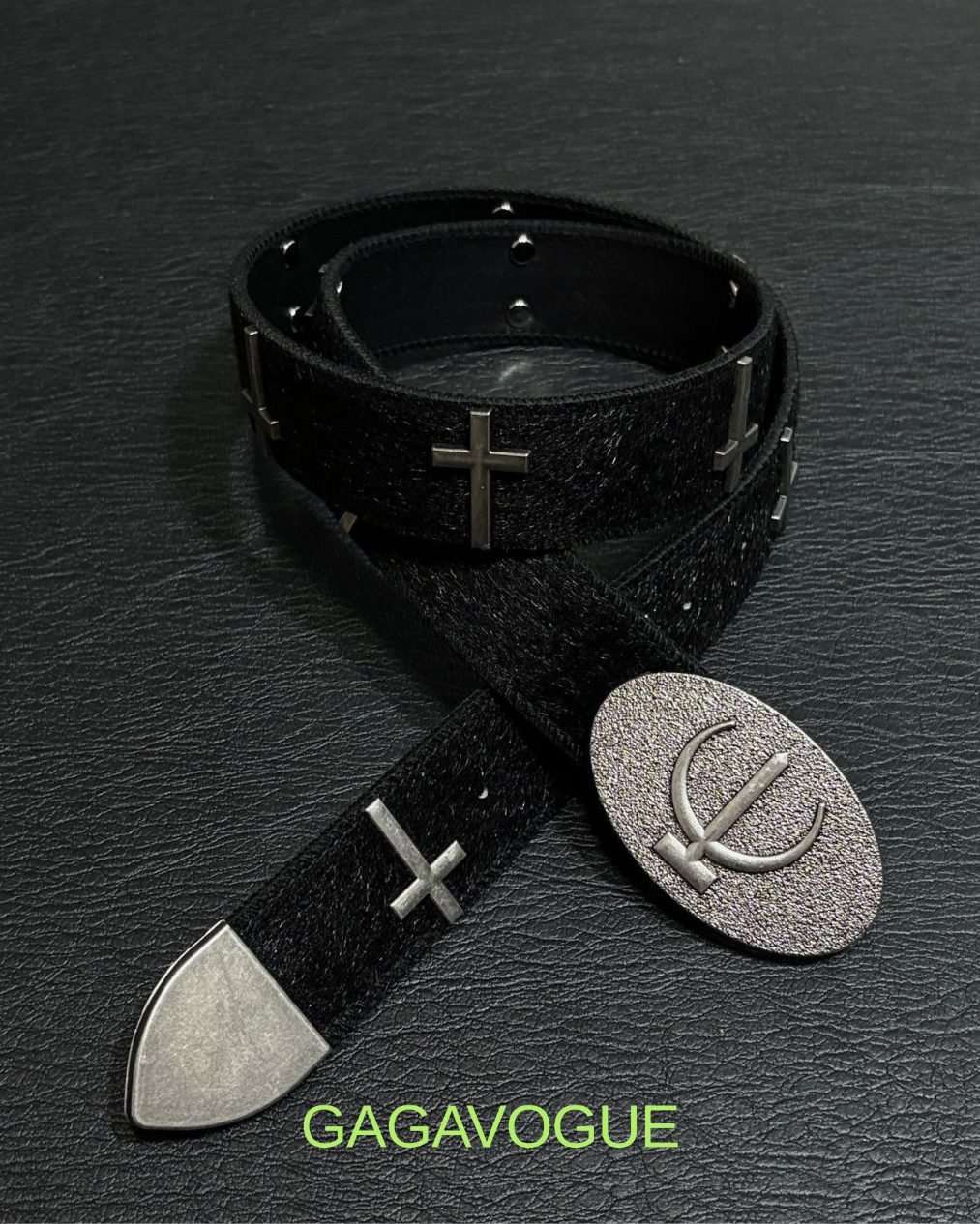 GAGAVOGUE CROSS EMBELLISHED LEATHER BELT
