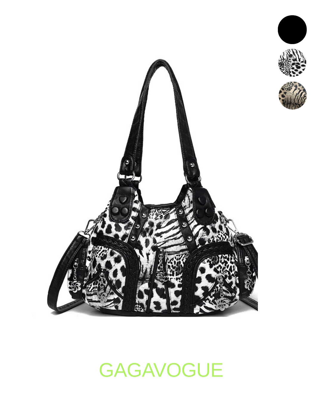 GAGAVOGUE ANIMAL PRINT MULTI ZIP SHOULDER BAG