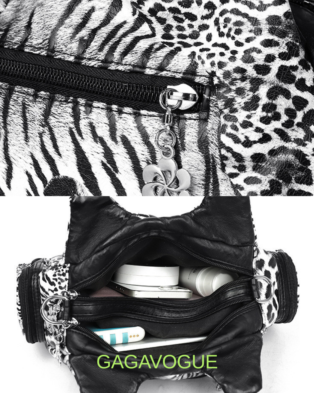 GAGAVOGUE ANIMAL PRINT MULTI ZIP SHOULDER BAG